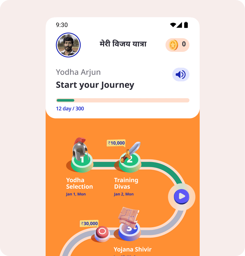 Leap learning app showing a gamified journey path and progress for a trainee